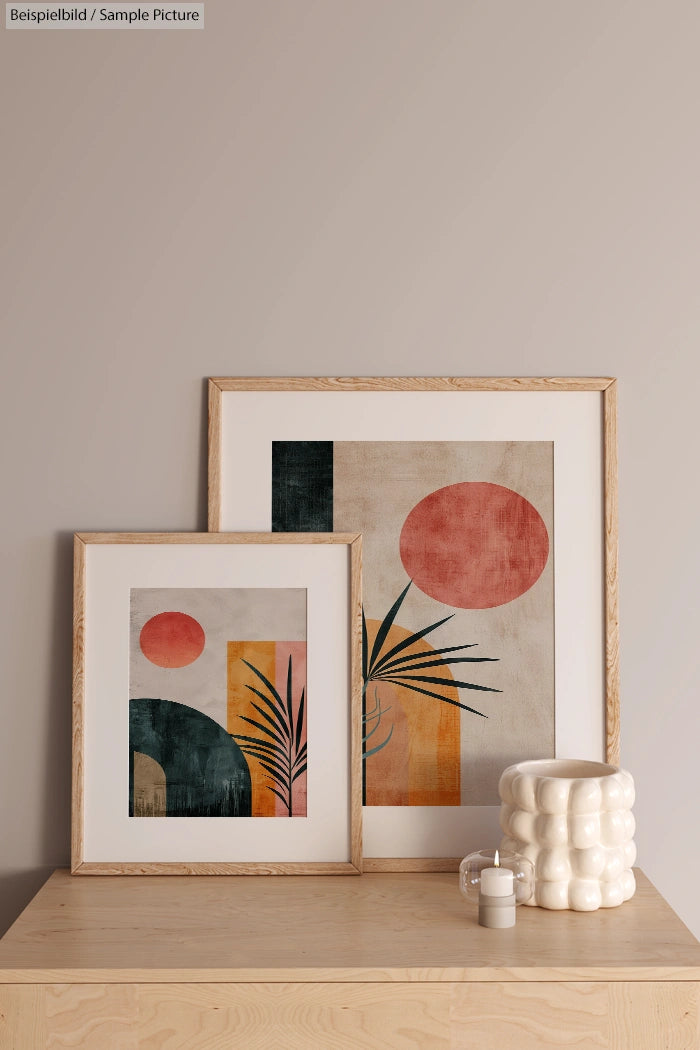 Minimalist decor with framed geometric art and a textured vase on a wooden table against a neutral wall.