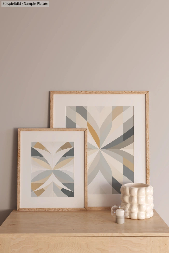 Two framed geometric abstract artworks with beige, blue, and brown tones on a wooden table with a textured ceramic vase.