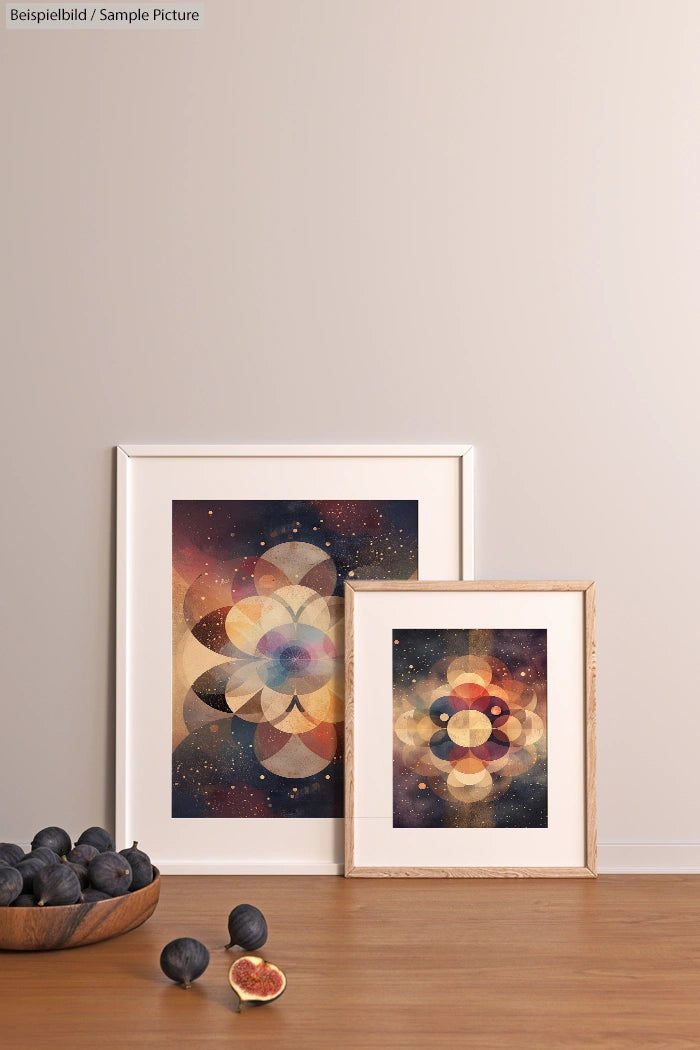 Two framed abstract geometric art pieces on table with figs, featuring overlapping circles and starry backgrounds.