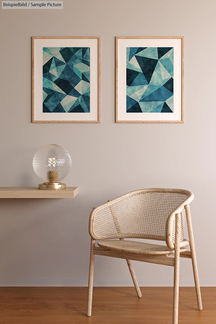 Modern living room with abstract geometric art, wicker chair, globe lamp on a floating shelf against a light gray wall.