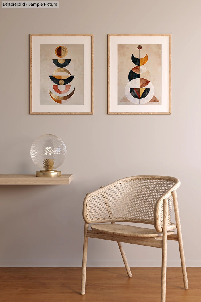 Minimalist room with wicker chair, wooden shelf, glass lamp, and two abstract circle artworks in wood frames.