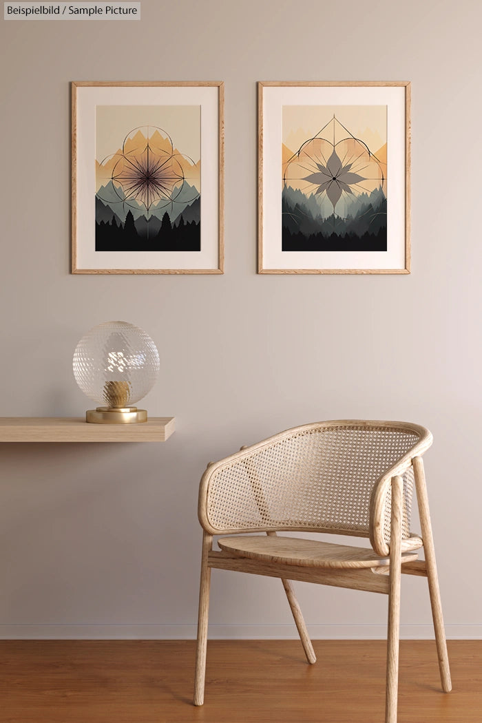 Minimalist room with two geometric art pieces, a wicker chair, and a globe lamp on a wall-mounted shelf.