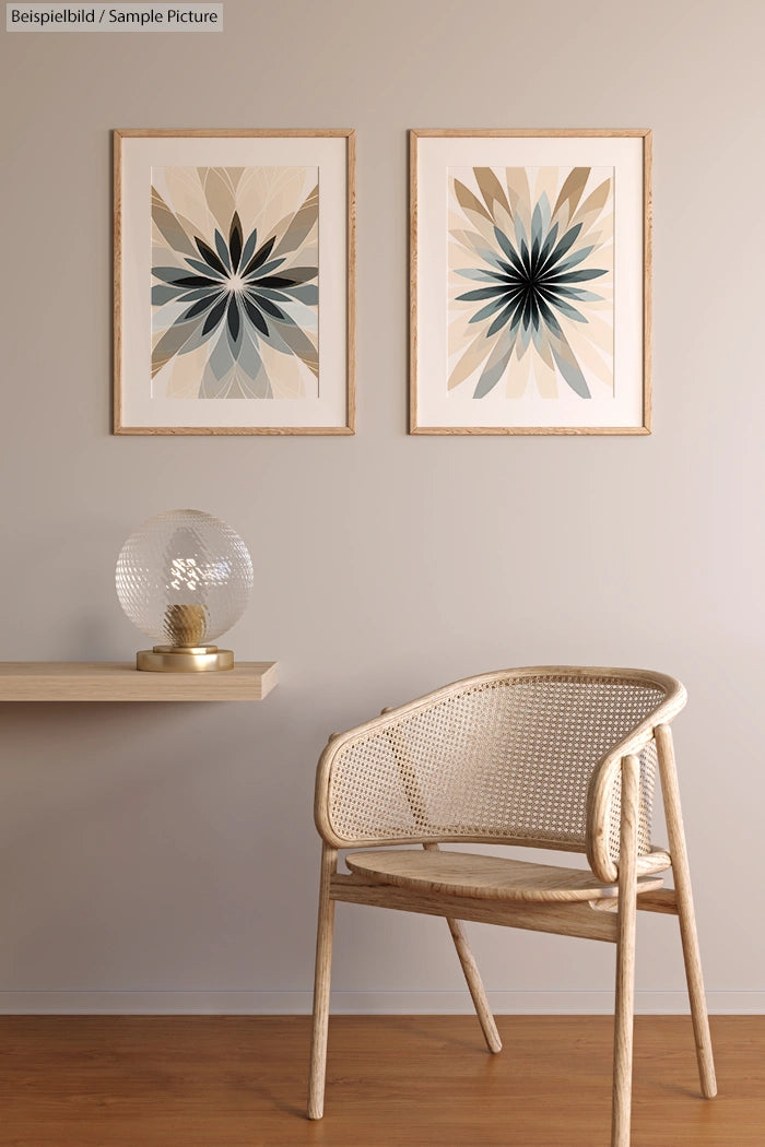 Minimalist room with geometric art, wicker chair, glass globe lamp on shelf.