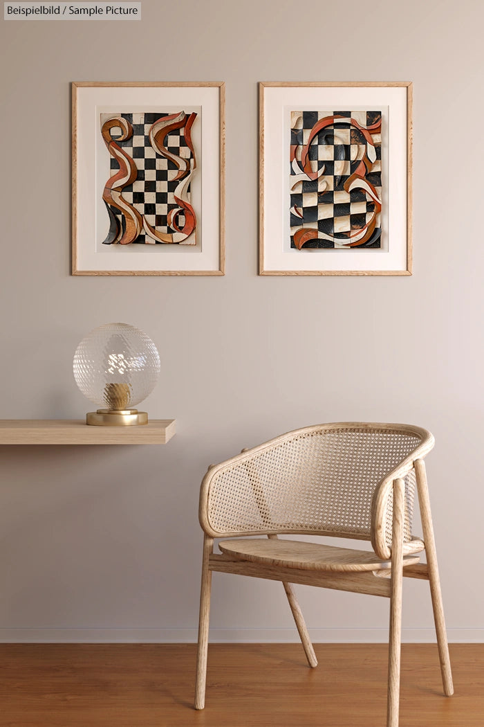 Minimalist room with abstract framed art, wicker chair, glass globe lamp on wooden shelf against beige wall.