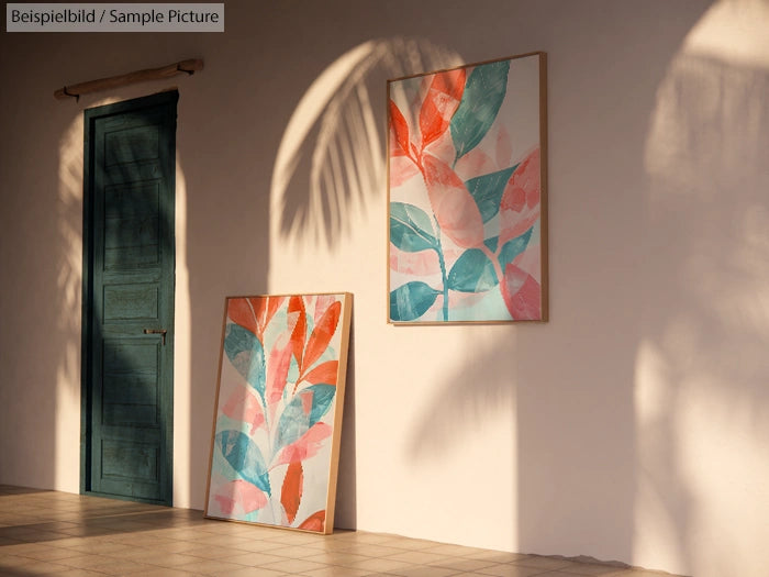 Two leaf-patterned paintings leaning against a sunlit wall beside a green door, shadows of palm leaves cast on the surface.