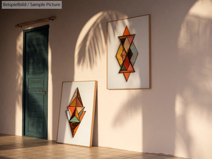 Two geometric artworks with warm colors leaning against a sunlit wall; a closed turquoise door to the left.