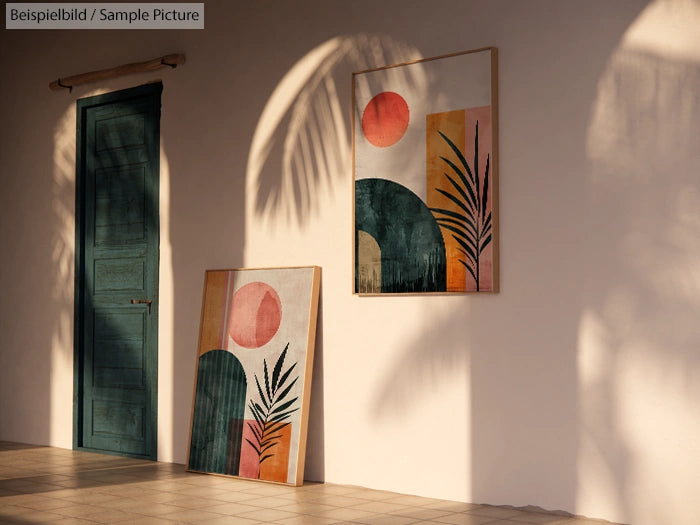 Art prints with geometric shapes and palm leaves against a textured wall with sunlight and shadows.