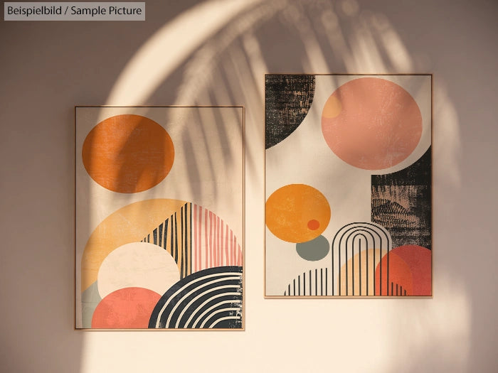 Two abstract art prints with circles and arches in warm tones of orange, pink, and beige, displayed on a wall.