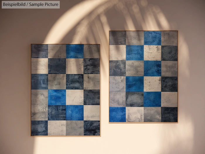 Two abstract paintings with geometric patterns in blue and gray tones, hanging on a light-colored wall.