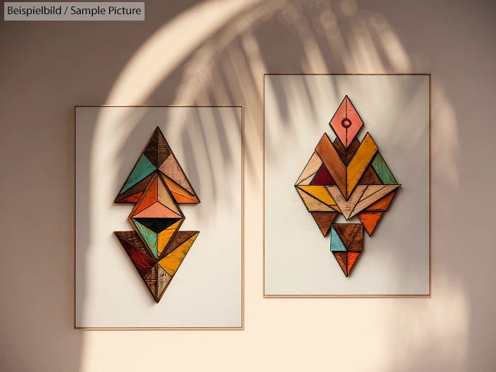 Two geometric artworks with colored shapes creating abstract forms on a light wall.