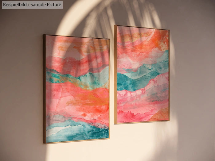 Two colorful abstract paintings with pink, orange, and teal swirls framed and displayed on a sunlit wall.