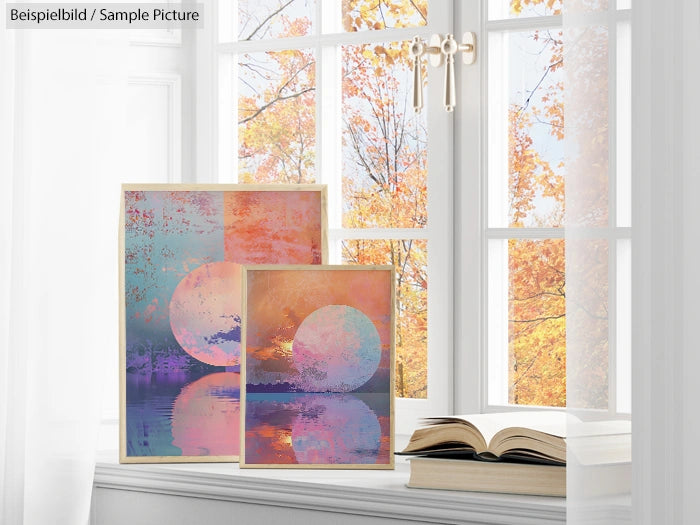 Two abstract paintings with circles and nature themes, displayed on a white windowsill with autumn foliage outside.