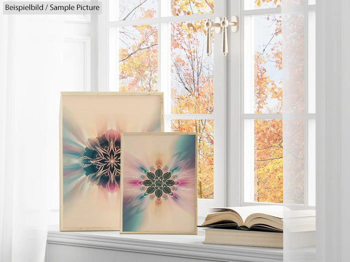 Decorative floral posters on window sill with autumn view; open book nearby.