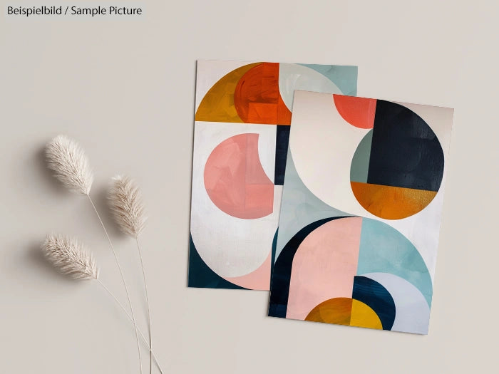 Two abstract paintings with geometric shapes and pastel colors next to fluffy dried grasses on a light surface.