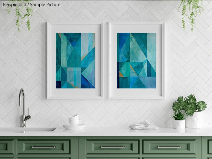 Kitchen with green cabinets, white backsplash, and two framed abstract teal art pieces above the counter.