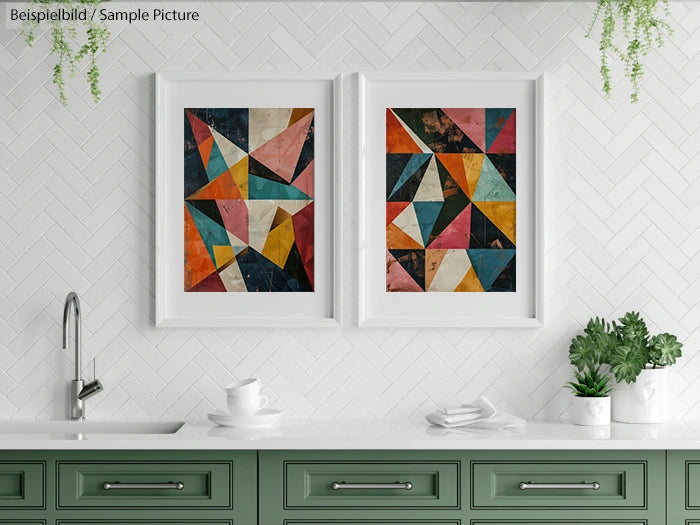 Kitchen with green cabinets, white backsplash, and framed geometric art. Potted plants and cups on countertop.