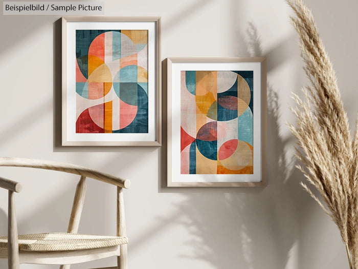 Two framed abstract paintings with geometric patterns in blue, orange, and red tones on a wall beside a wooden chair.