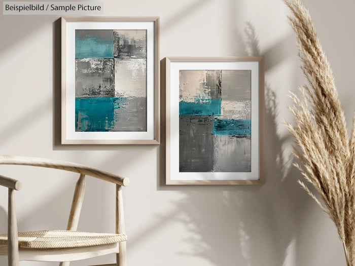 Two abstract paintings in frames on a wall, featuring teal and beige hues, next to a chair and dried pampas grass.