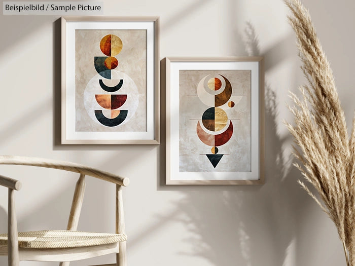 Two framed abstract geometric art pieces on a beige wall beside a rustic chair and pampas grass.