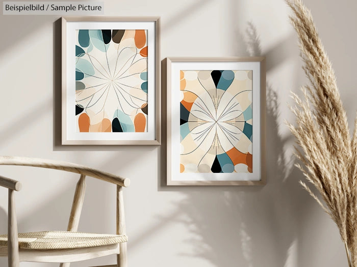 Two framed abstract art prints with geometric shapes in beige, blue, orange, and black, displayed on a beige wall.