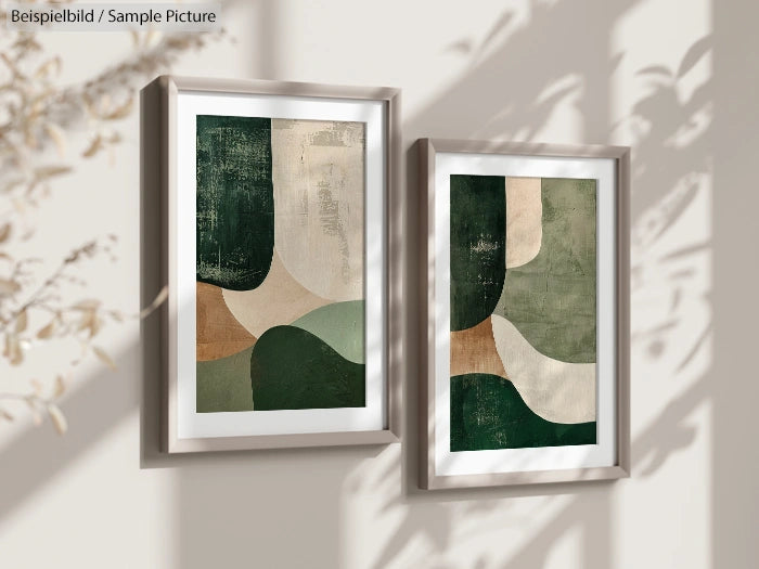 Two framed abstract paintings with dark green, beige, and cream geometric shapes on a wall with shadow patterns.