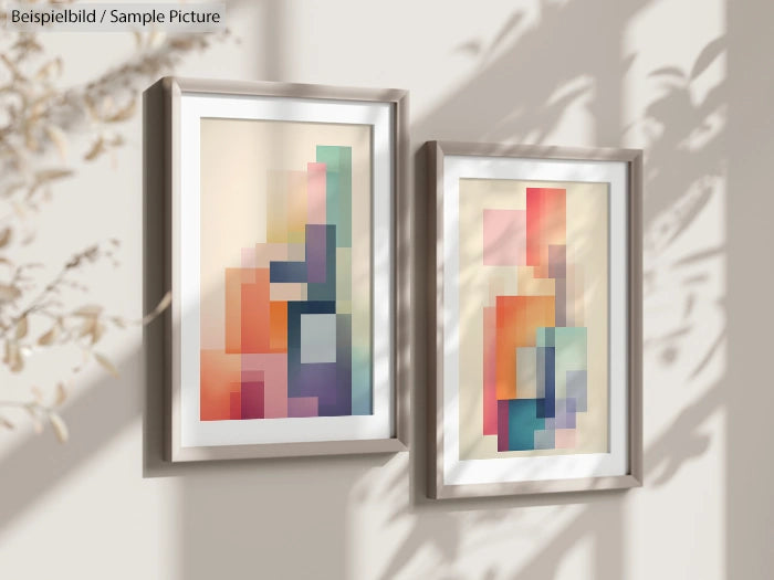 Two framed abstract geometric paintings on a sunlit wall.