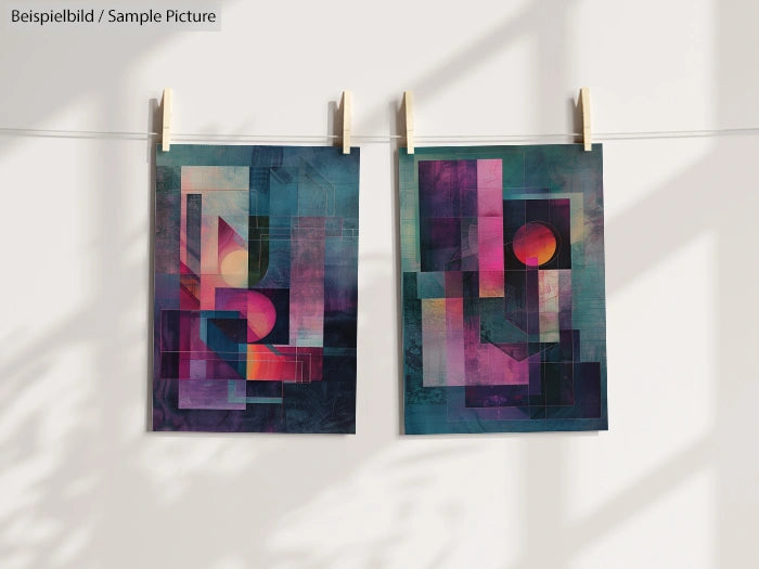 Two abstract geometric artworks hanging on a line with clothespins, featuring colorful shapes and dark backgrounds.