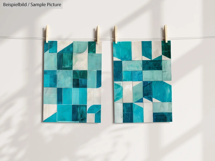 Two abstract geometric art pieces with turquoise and white squares hang on a string with clothespins.