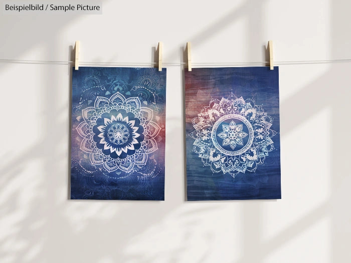 Two indigo mandala prints hanging on a line with clothespins, displaying intricate white patterns.