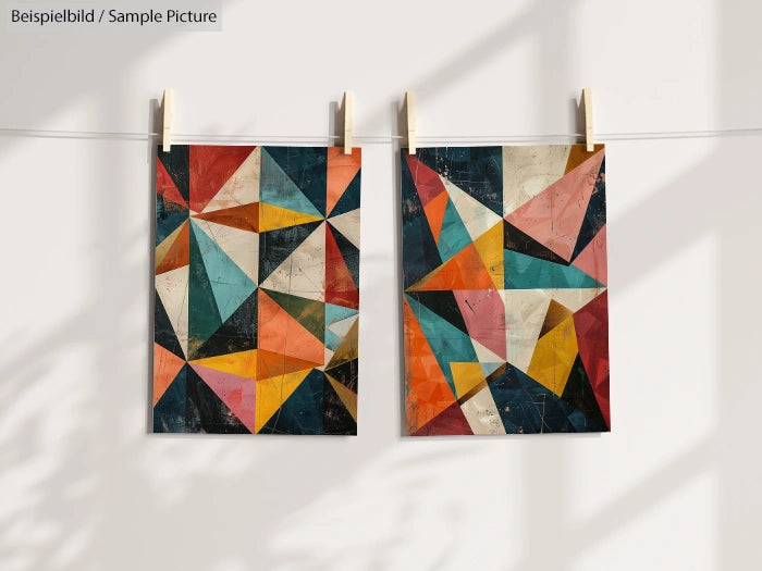 Two abstract geometric paintings with colorful triangles, clipped on a line against a white wall.