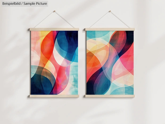 Set of two abstract colorful paintings with overlapping translucent shapes, in vibrant blues, reds, and oranges, on a wall.