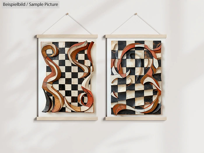 Two abstract wooden wall hangings with checkered patterns and swirling designs in black, white, and brown tones.