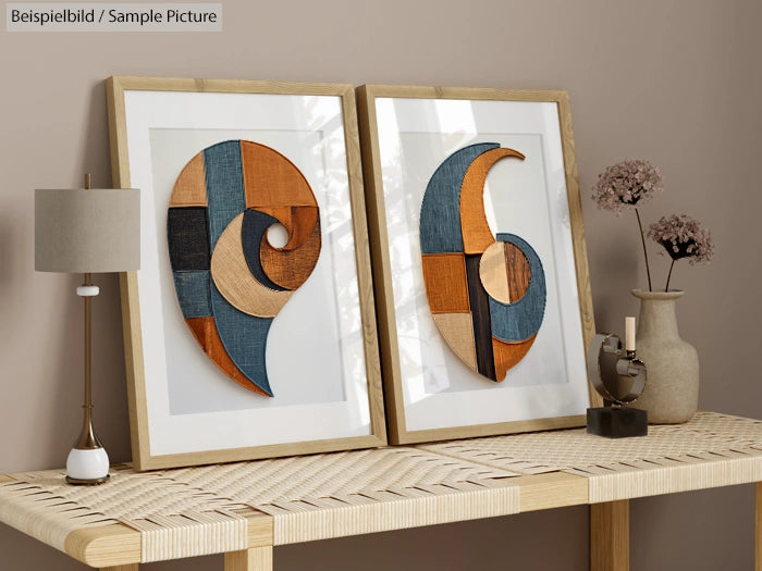 Two framed geometric artworks on a table next to a small lamp and decorative vases on a textured surface.