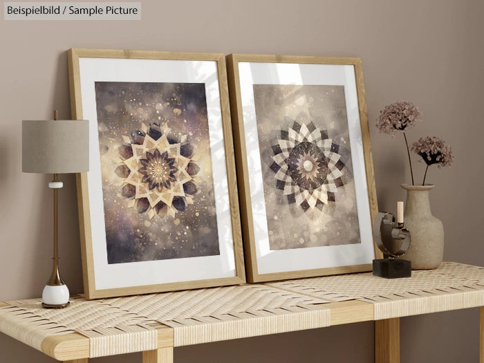 Two framed abstract geometric art prints on a wooden table, with a lamp and dried flowers beside them.