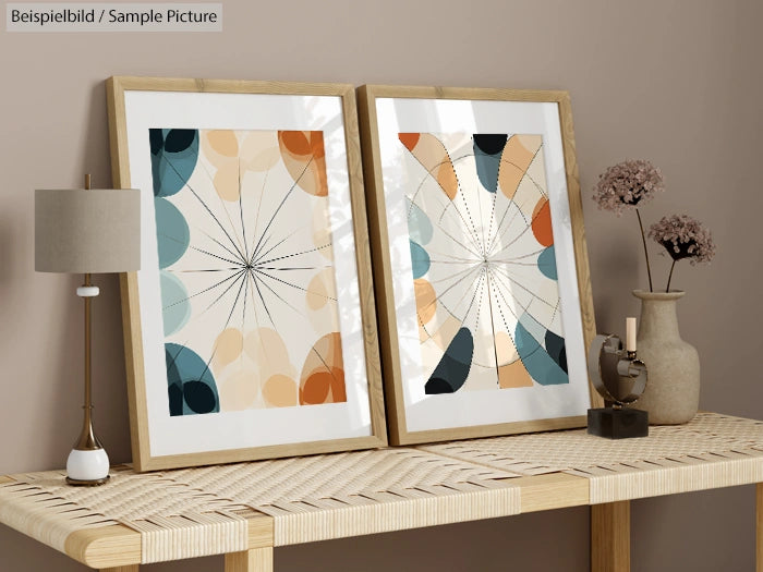 Two framed abstract art prints on a wooden console, featuring geometric and organic shapes in earthy tones.