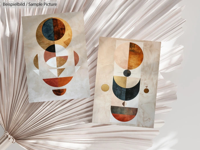 Two abstract geometric paintings with circular shapes on a textured beige background, placed against a dried palm leaf.