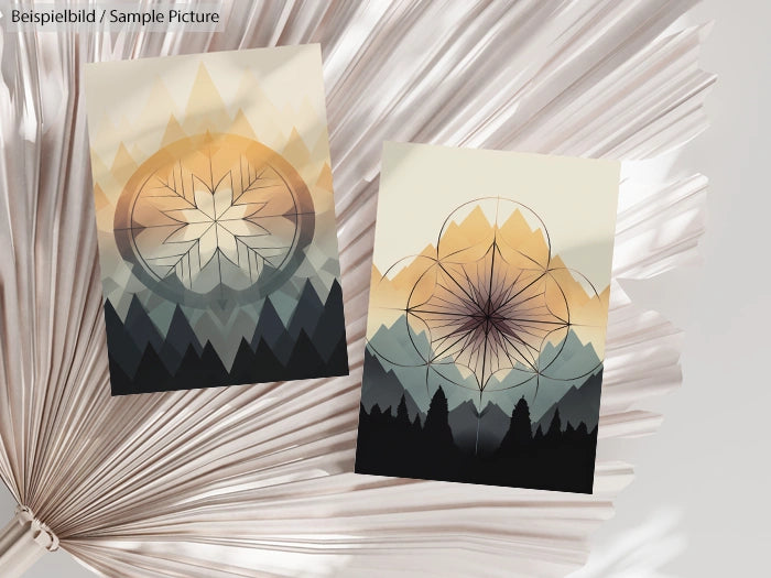 Geometric landscape artworks with mountain silhouettes and abstract designs, set on a textured, light background.