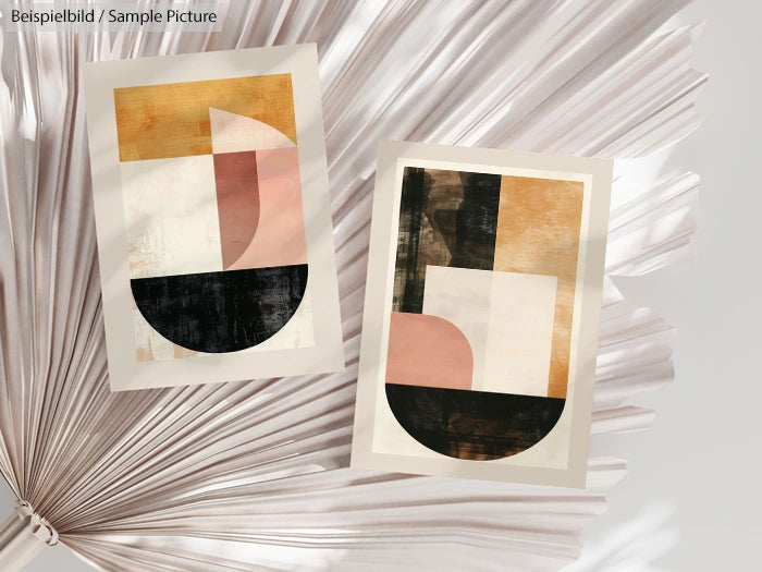 Two abstract geometric art prints on a textured background with shapes in muted pink, black, tan, and peach tones.