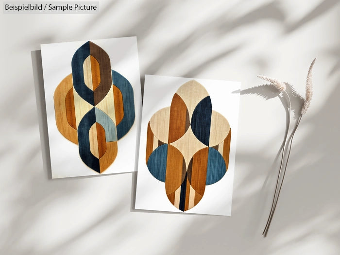 Two abstract geometric art prints with curved shapes in earth tones, placed on a light surface with shadowed leaves.