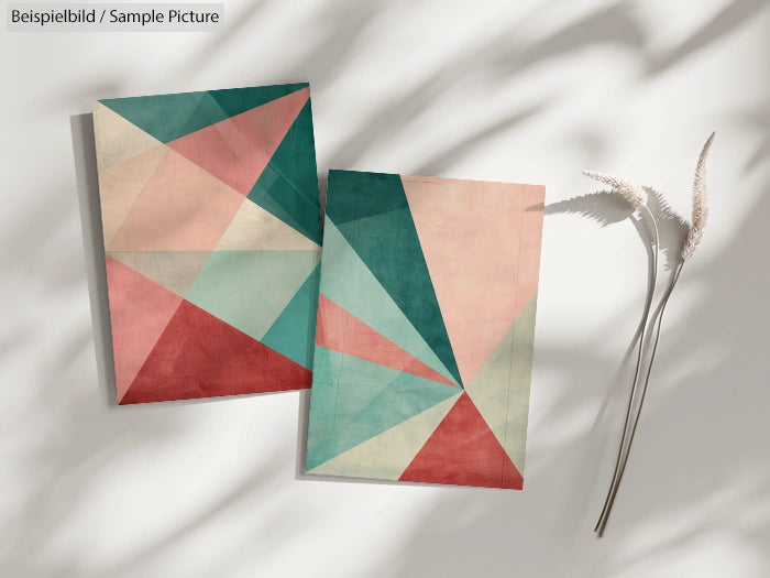 Geometric art prints with colorful triangles in red, teal, and beige tones on a white surface with shadows and dried plants.