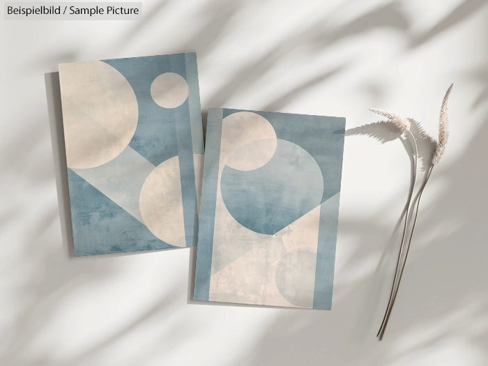 Abstract art prints with blue and beige geometric shapes on a light background, next to dried flowers casting shadows.