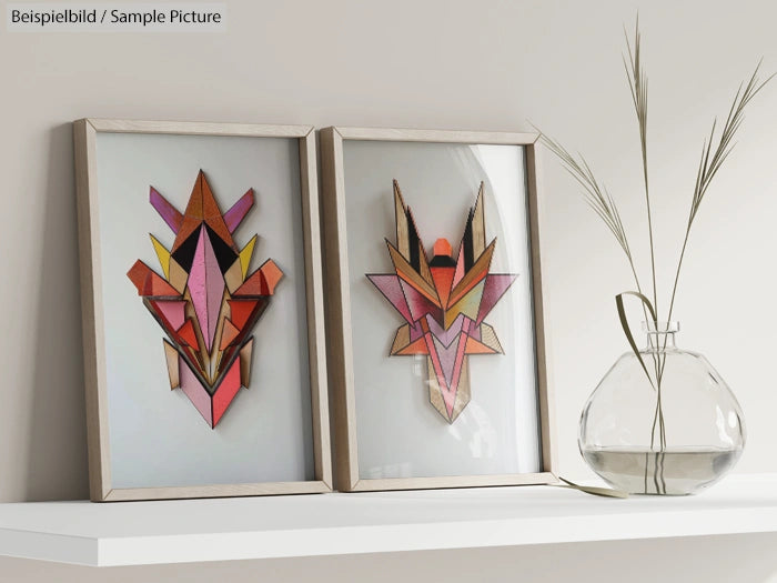 Two geometric art pieces in wood frames on a shelf, next to a glass vase with dried grasses.