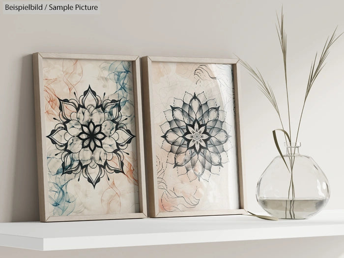 Two framed mandala artworks on a shelf beside a glass vase with decorative plants.