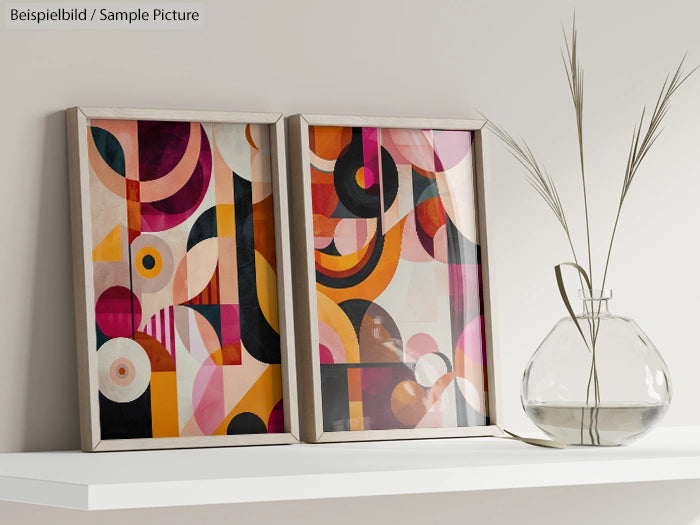 Geometric abstract art in frames on white shelf beside a glass vase with dried grass stalks, modern interior decor.