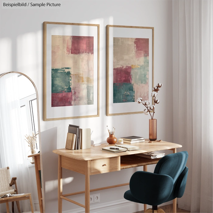 Modern home office with abstract paintings, wooden desk, blue chair, and decor elements. Natural light from window.