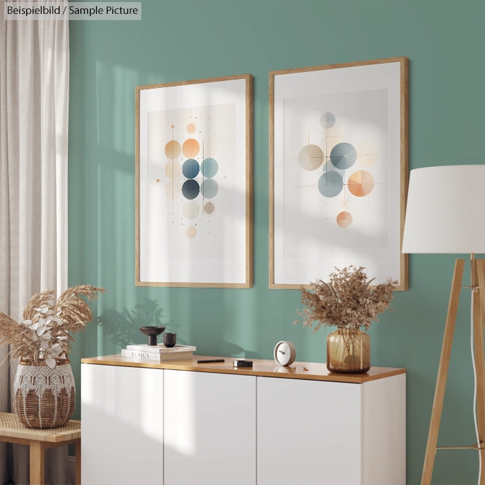 Modern living room with abstract wall art, white sideboard, decorative plants, and a floor lamp against a teal wall.