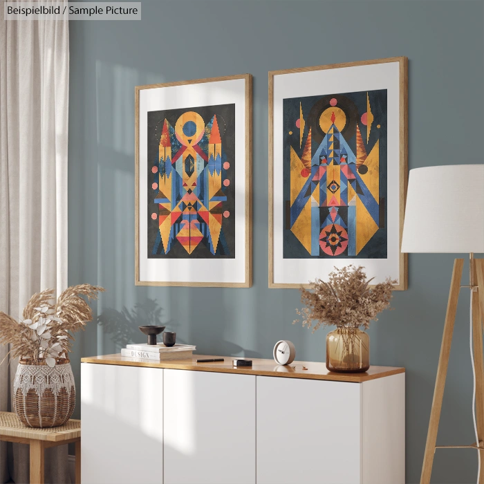 Cozy living room with geometric wall art, modern lamp, and white sideboard, decorated with vases of dried flowers.