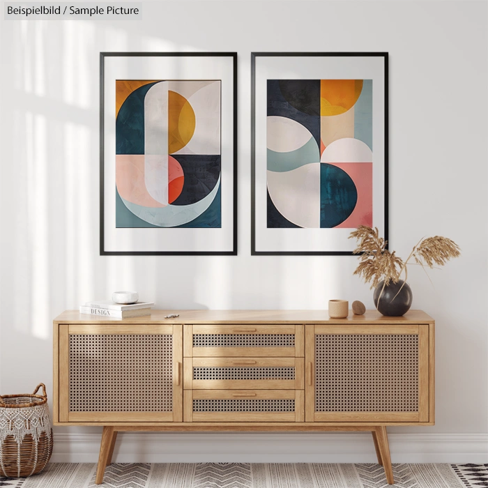 Minimalist living room with abstract art, wooden sideboard, and decorative bowl on a white wall.