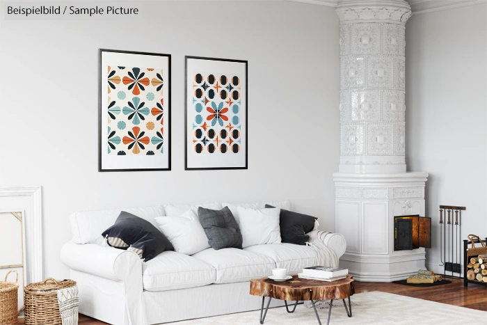 Modern living room with white sofa, wooden table, and colorful abstract art on wall, featuring ornate white fireplace.