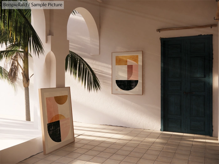 Sunlit interior with tropical plants, abstract art on walls, and a closed wooden door.